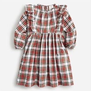 J.Crew Girls' Snowy Stewart Tartan  Long-Sleeve Ruffle-Shoulder Dress 7 Holiday